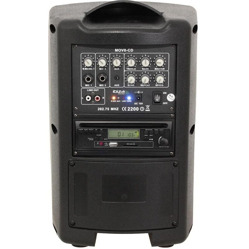 aansluitingen Ibiza Sound Mov8-CD - CD, Bluetooth, USB speler en draadloze microfoon
