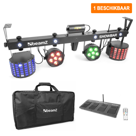 Verhuur ShowBar 2x PAR 6x 4in1 2xButterfly, Laser R/G DMX IRC 1 voordelig huren