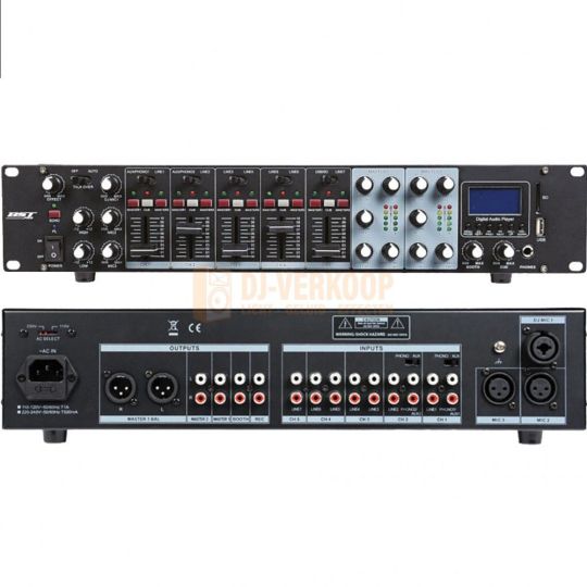 BST PRO MX56U - Mengpaneel met 2 zone met USB MP3 Speler voor en achterkant